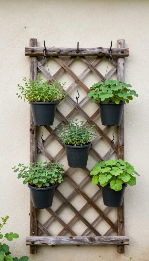 rustic trellis with hooks and hanging herb pots