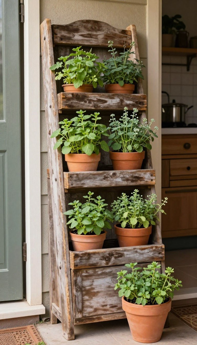 rustic vertical herb garden ideas beside a small outdoor kitchen space