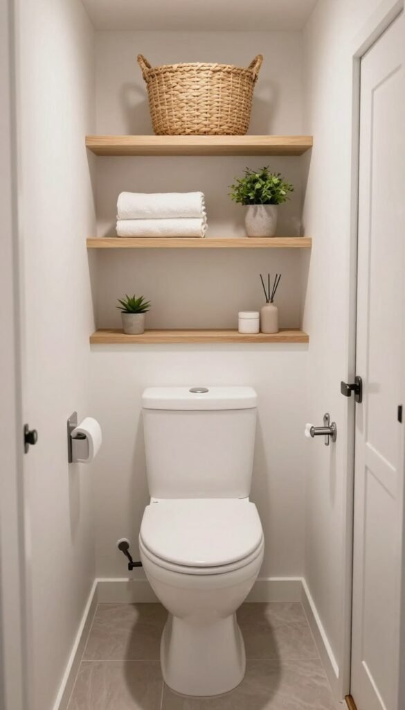 shelves above the toilet in a tiny house bathroom