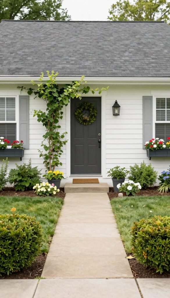 small country front garden with a clear path and cottage plants