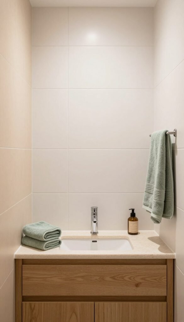 soft spa-inspired palette in a tiny house bathroom