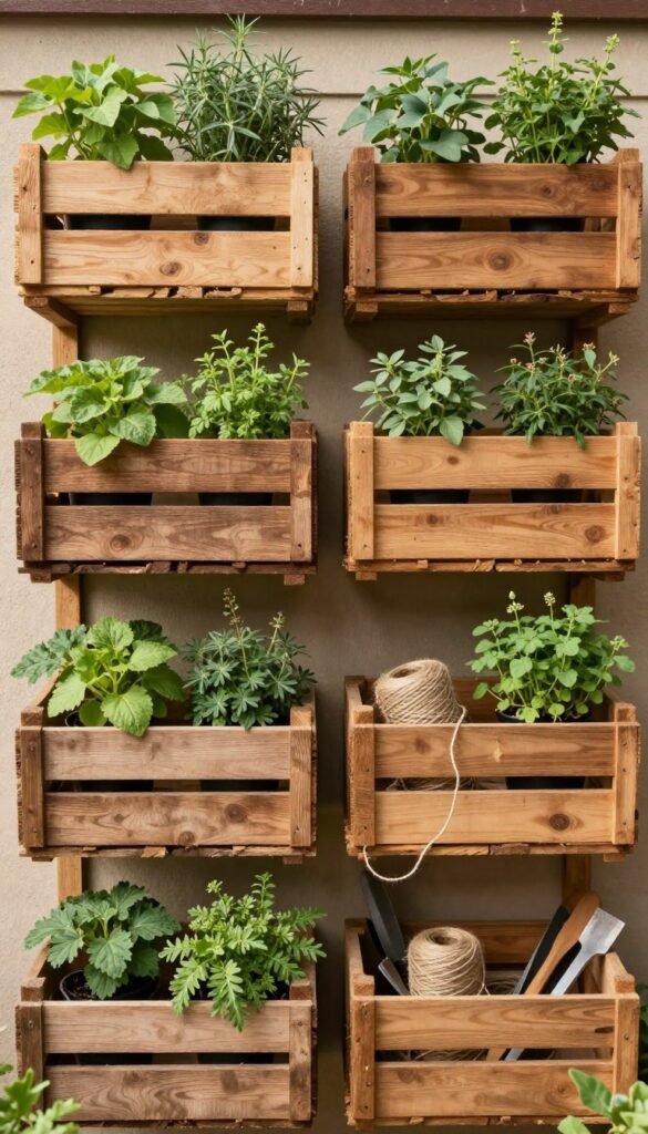 staggered wooden crates planted with herbs on a rustic wall