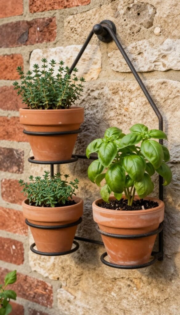 terracotta herb pots attached to a rustic metal wall rail