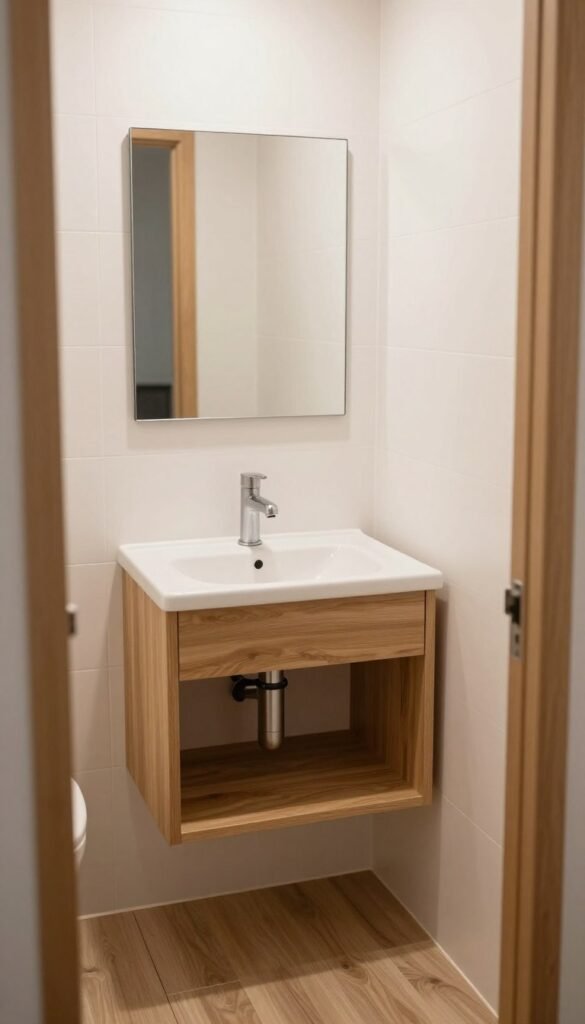 tiny house bathroom decor ideas with a floating wood vanity