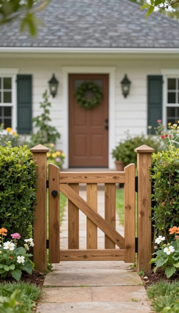 traditional timber gate opening into a country front garden