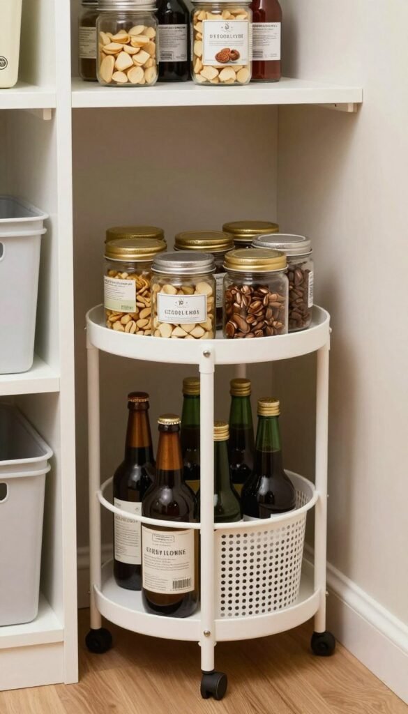 A turntable and pull-out bins making a deep pantry corner easier to reach