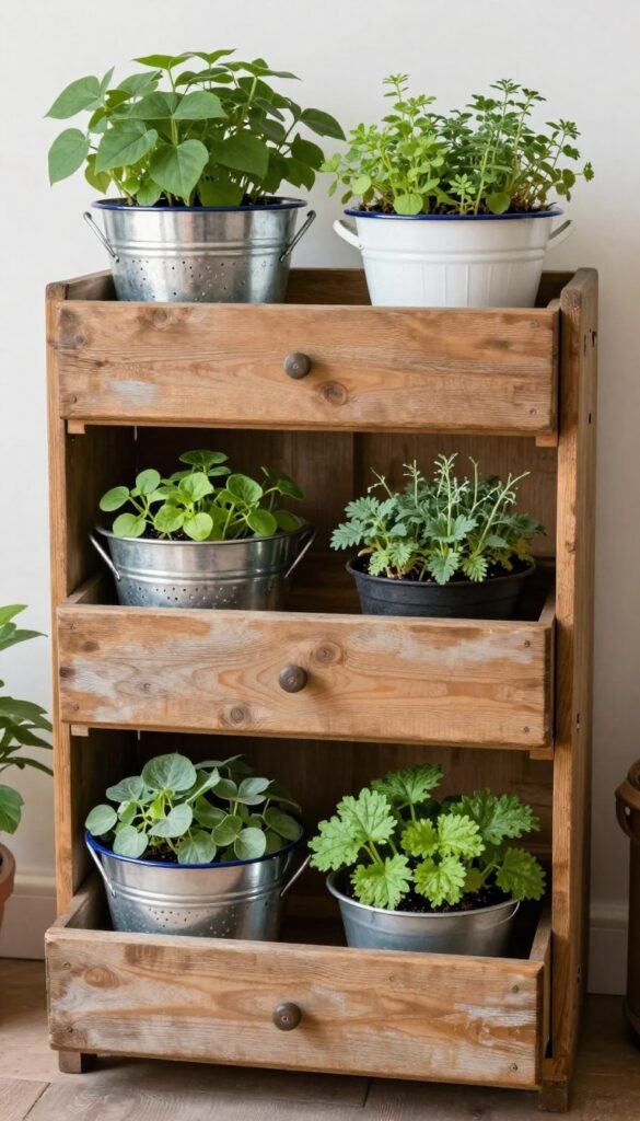 upcycled drawers toolboxes and colanders planted with rustic herbs