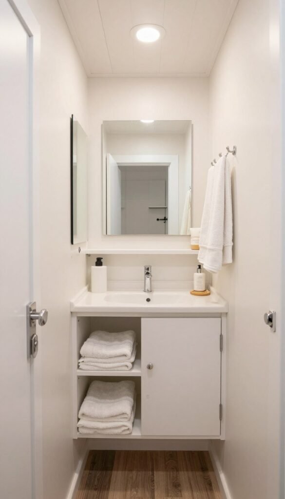 wall-mounted storage and shelves in a tiny house bathroom