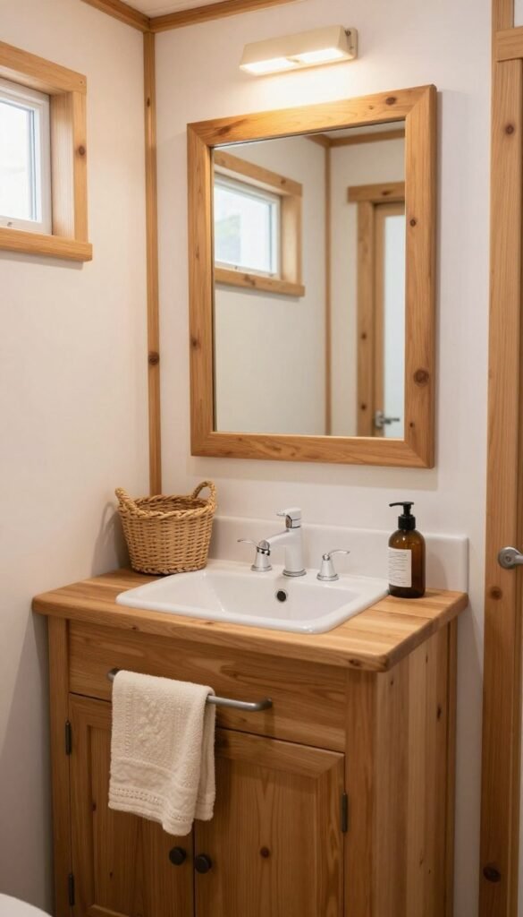 warm wood accents in a cozy tiny house bathroom