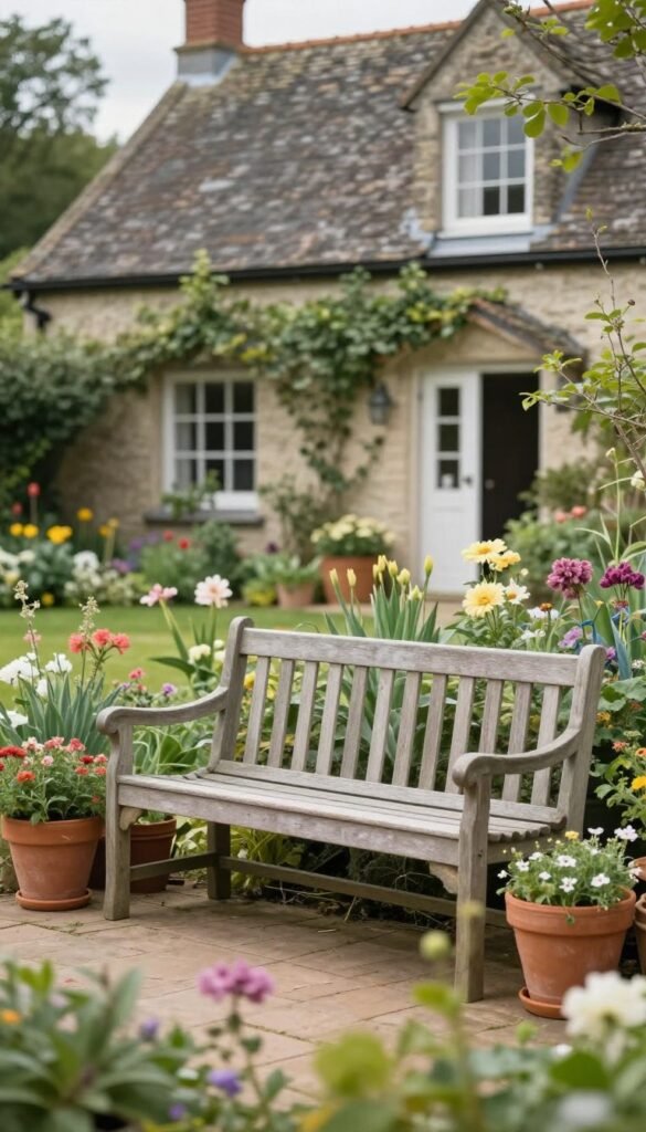 welcoming bench in a country front garden