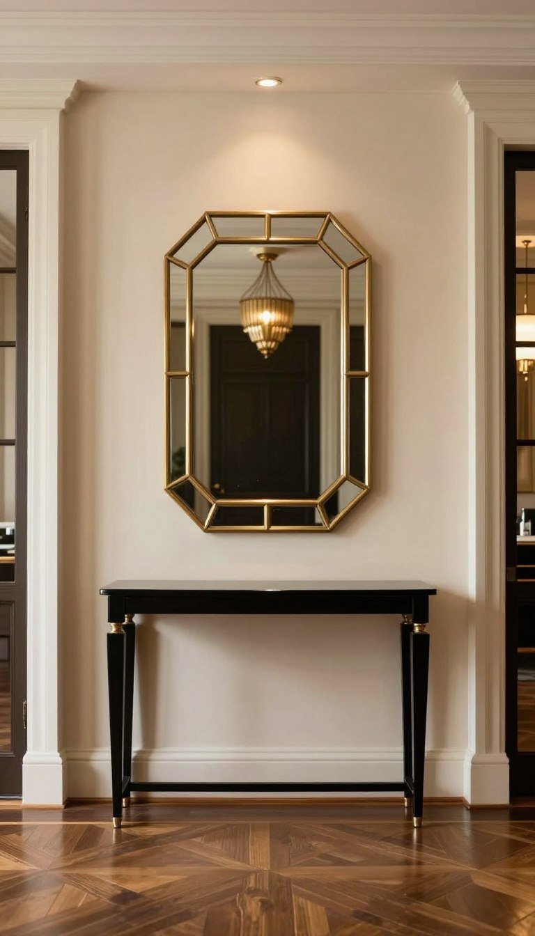 Art Deco entrance hall ideas with a brass mirror and console
