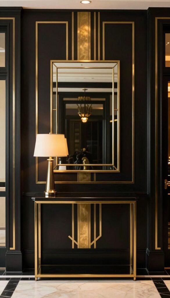 Black and brass art deco entrance with console table