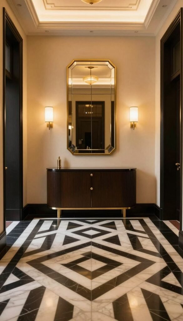 Black and white geometric art deco hallway floor