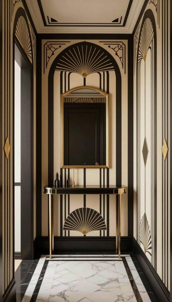 Bold geometric wallpaper in an art deco hallway