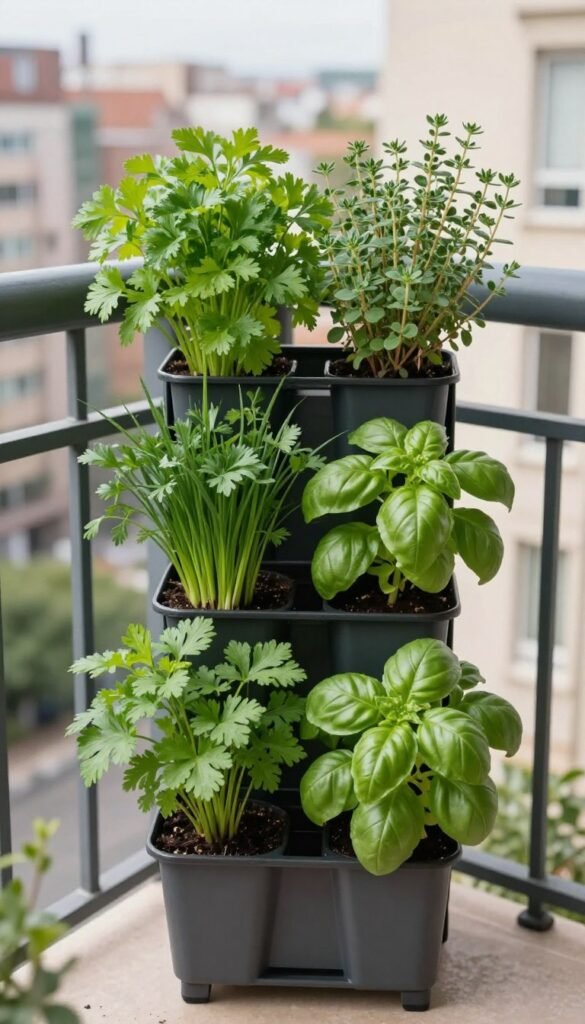 Compact vertical planter growing herbs on a balcony