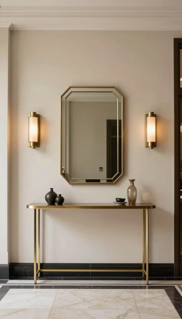 Coordinated art deco hallway formula with mirror lighting and console