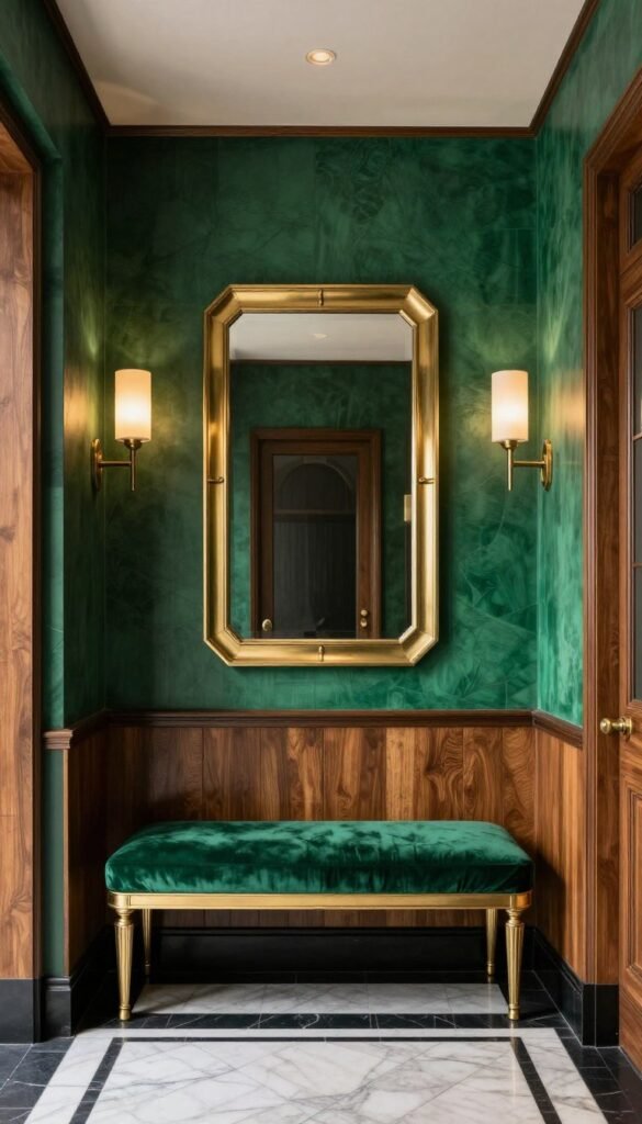 Emerald green art deco entrance hall with brass accents