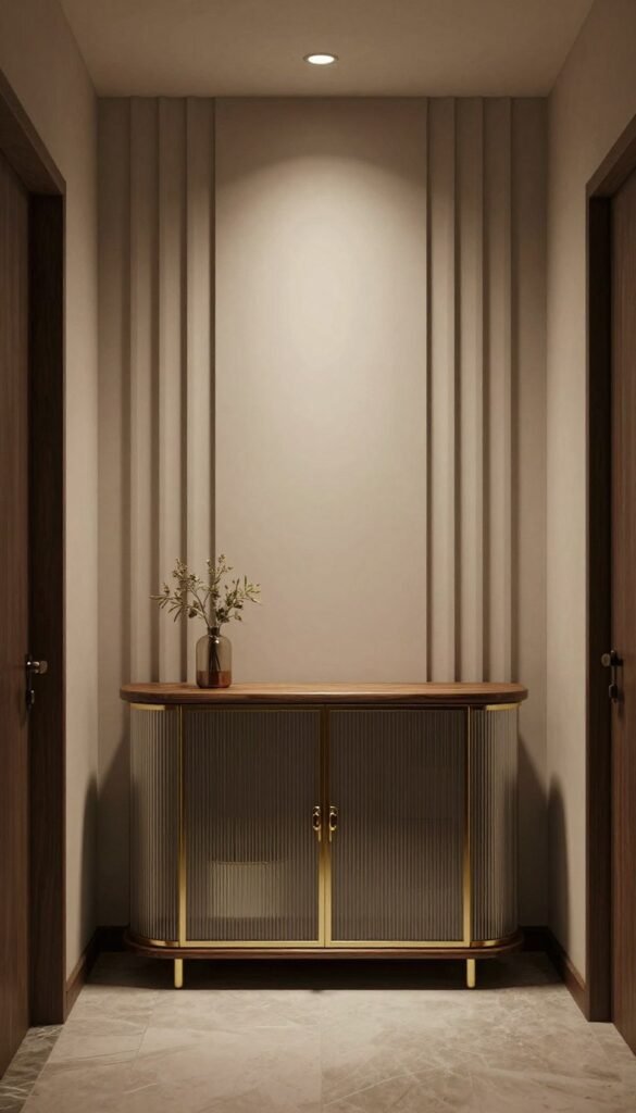 Fluted console and wall details in an art deco hallway