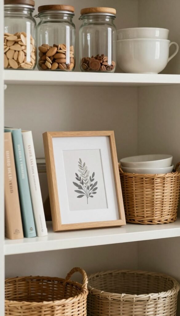 Framed art leaning on an open pantry shelf