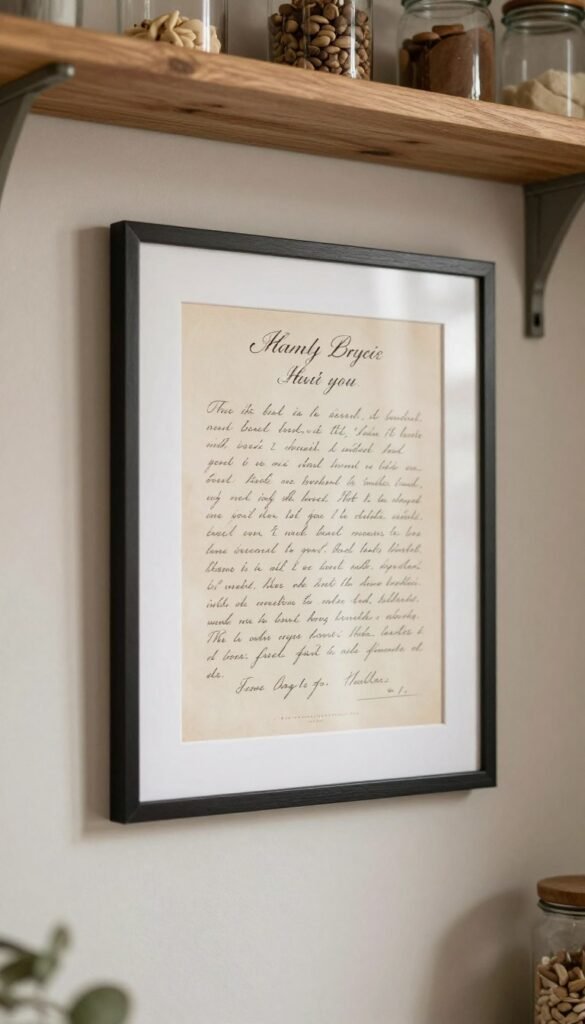 Framed family recipe on a pantry wall