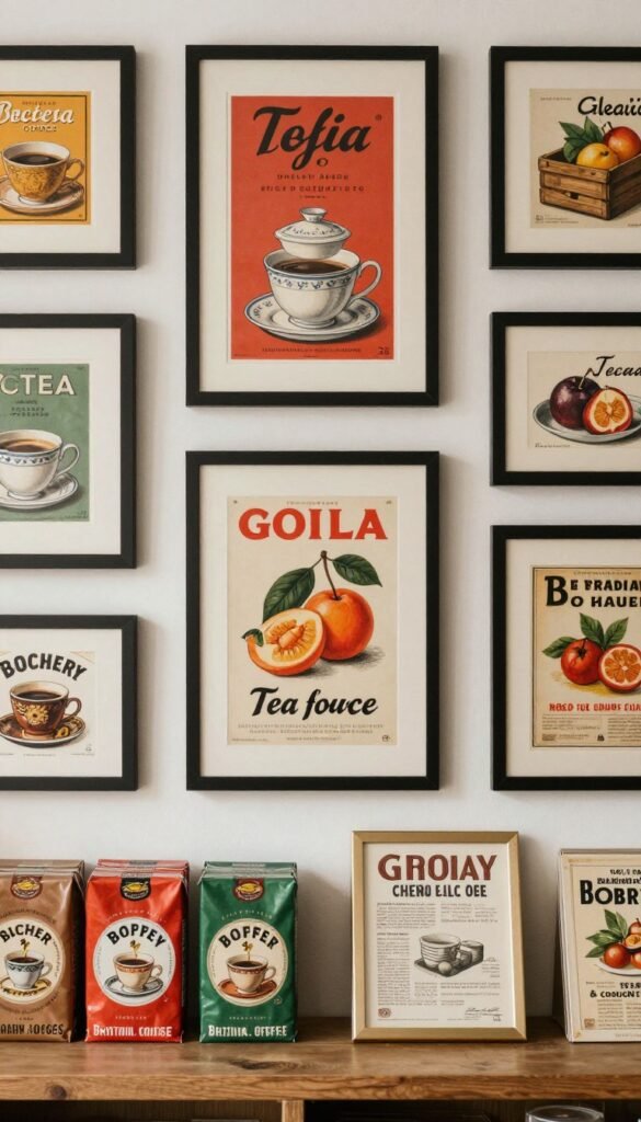 Framed vintage food packaging in a pantry