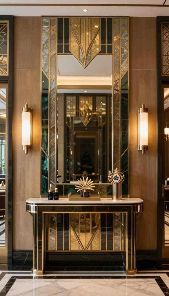 Glamorous art deco entrance hall with geometric shapes and brass accents