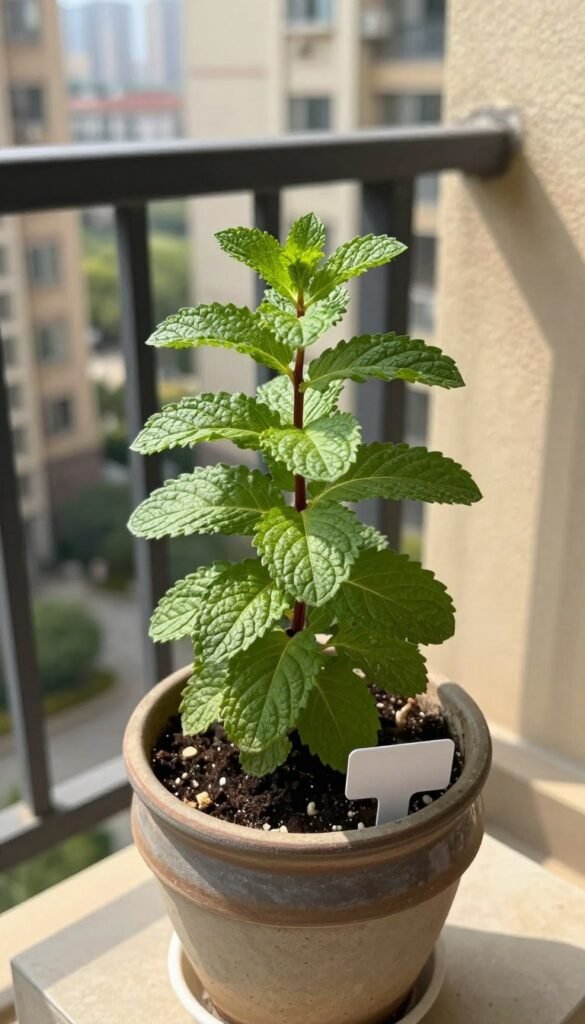 Healthy mint plant growing in its own balcony container