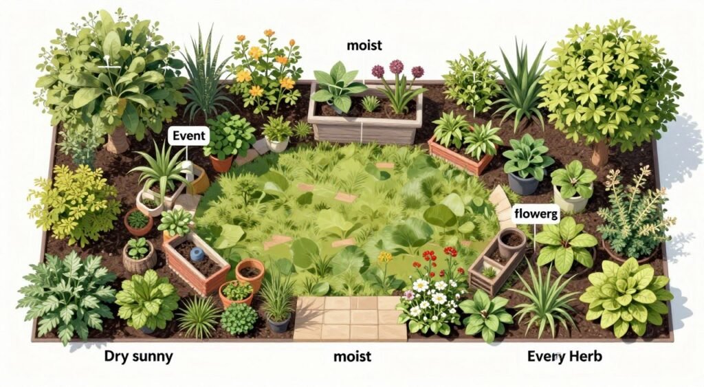Herb garden design grouped by sun and moisture needs