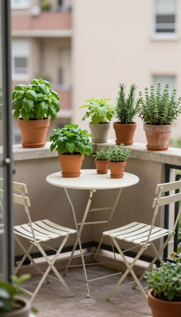 Herbs arranged around a small balcony bistro table and chairs