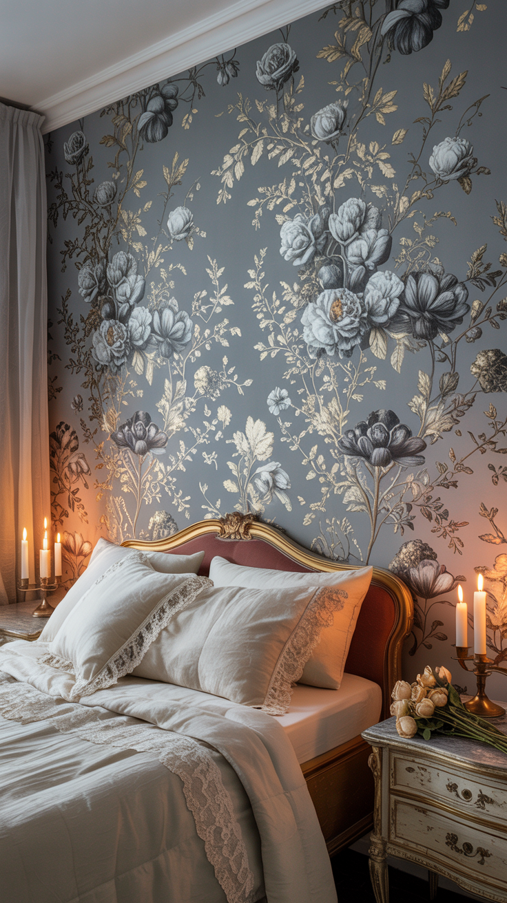 Grey floral wallpaper behind bed in a vintage bedroom
