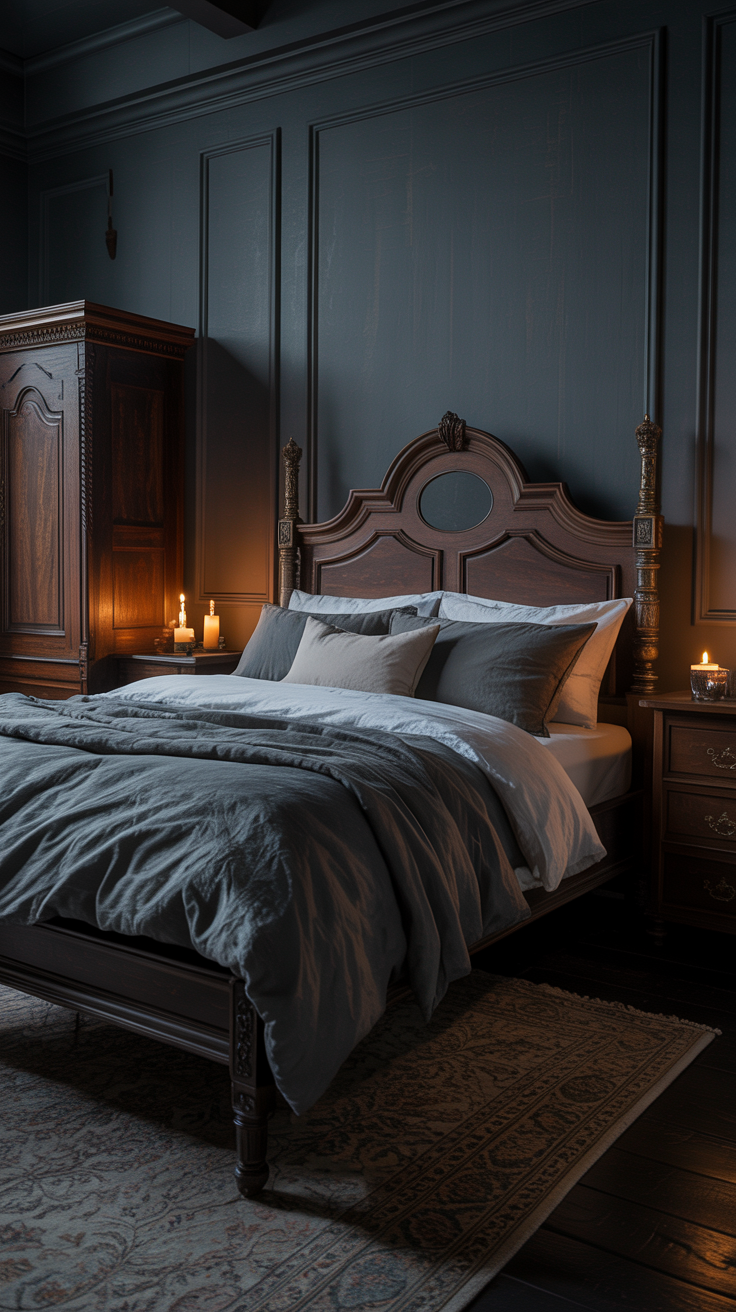Charcoal grey bedroom with dark antique wood furniture