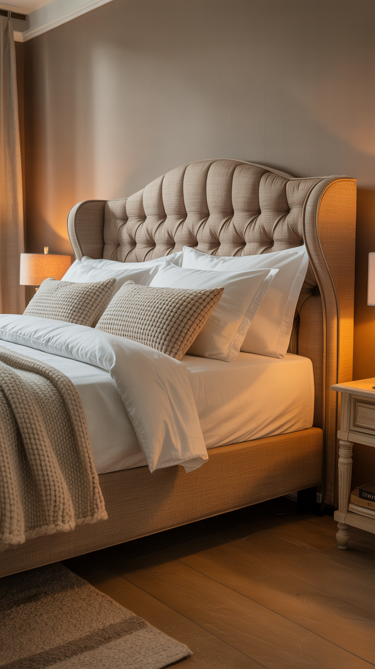 Warm grey upholstered vintage-style headboard in bedroom