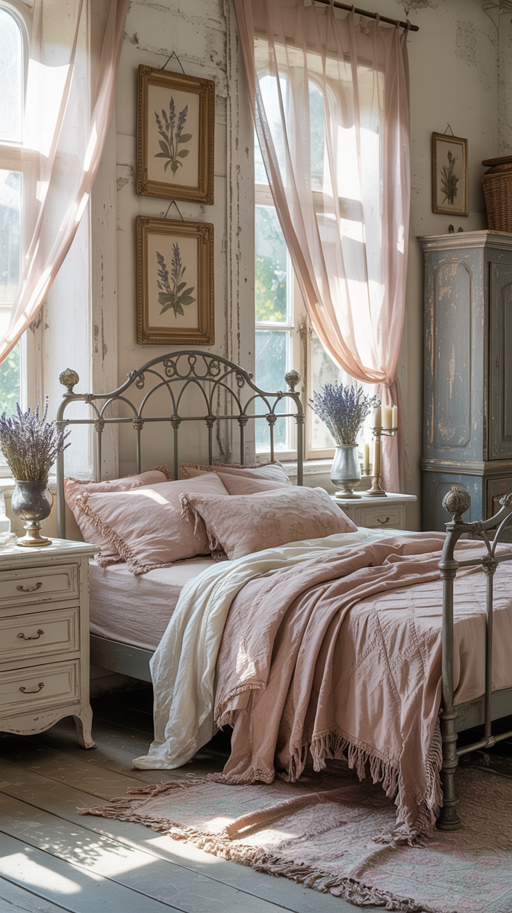 Romantic grey vintage bedroom with faded pink textiles