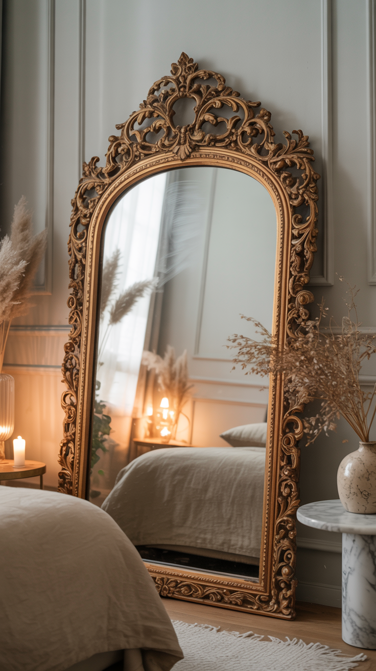 Ornate vintage mirror against soft grey bedroom walls