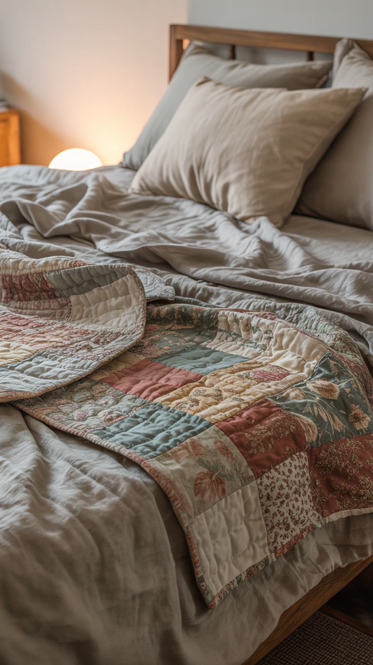 Grey linen bed layered with a vintage quilt