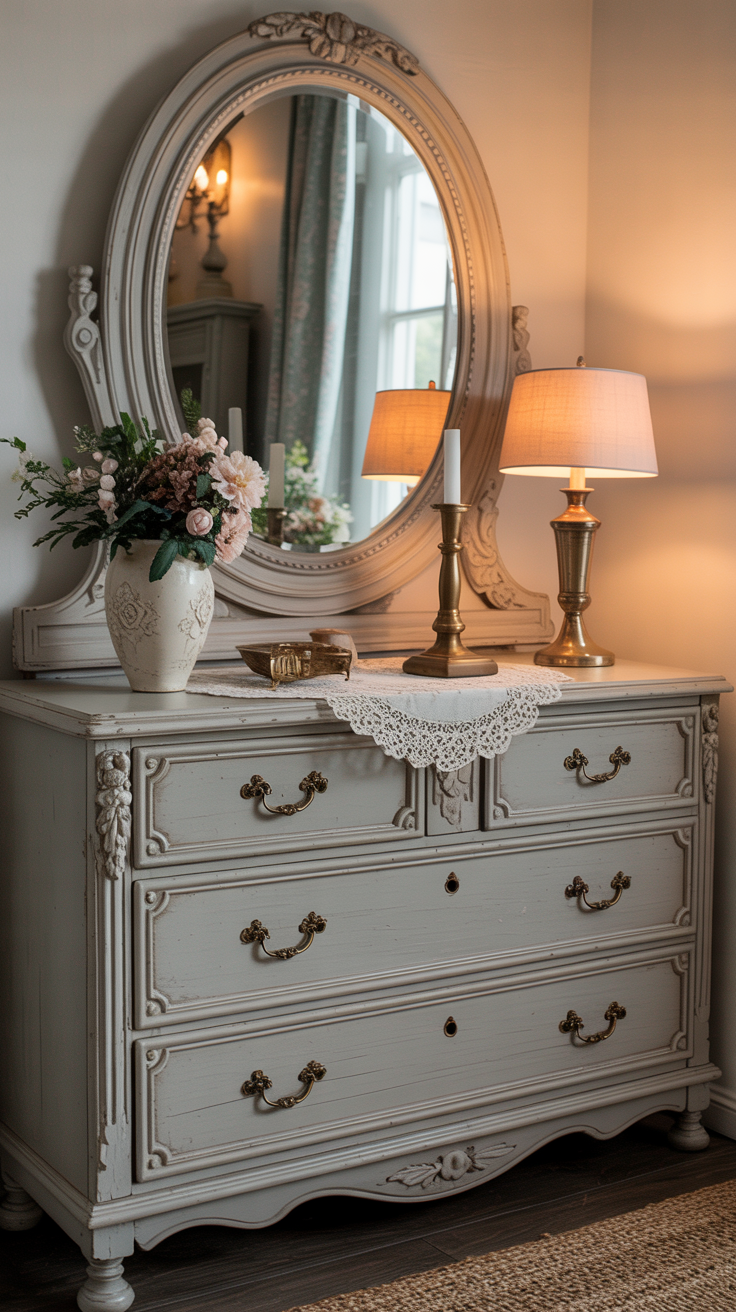 Grey painted vintage dresser with mirror and traditional decor