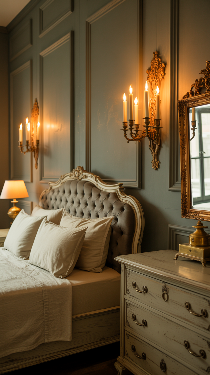 Grey vintage bedroom with antique brass lighting