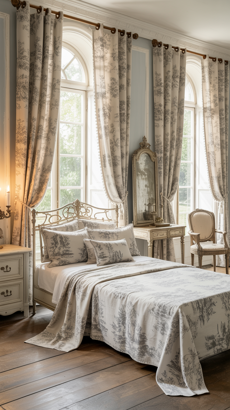 Grey toile French-inspired vintage bedroom