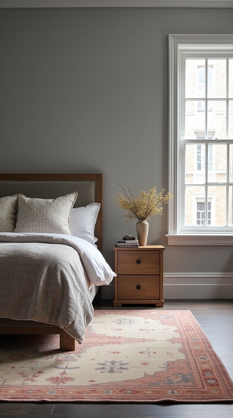 Faded vintage rug in a grey bedroom