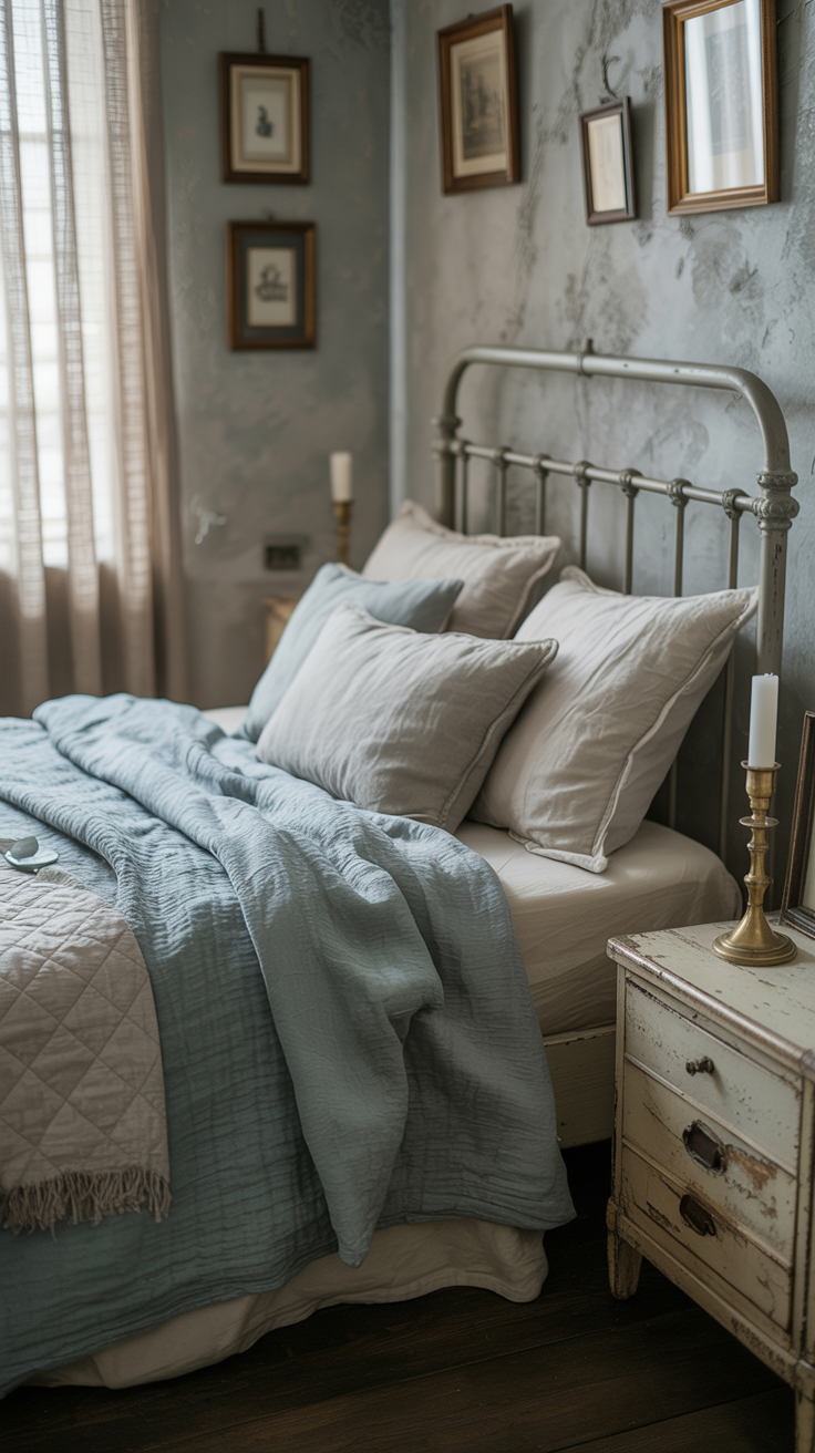 Grey vintage bedroom with faded blue bedding