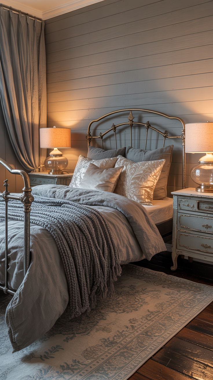 Grey Vintage Bedroom Ideas with layered grey-on-grey styling