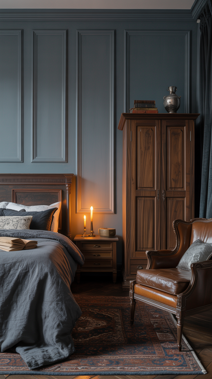 Grey paneling and dark wood in a vintage bedroom