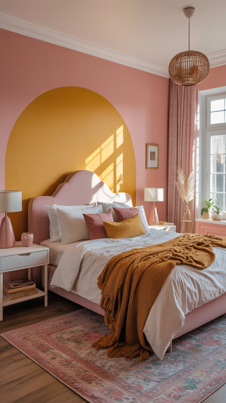 dusty pink and mustard yellow bedroom ideas with pink walls