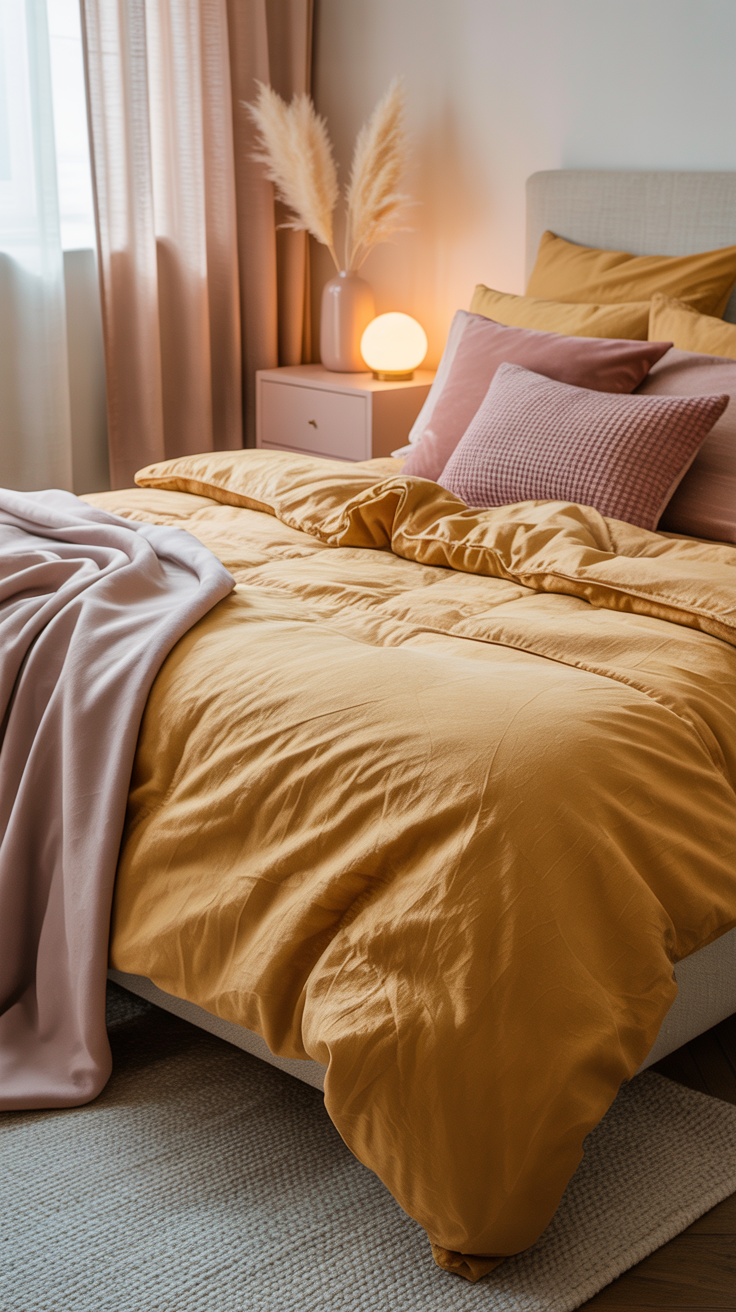 mustard yellow bedding with dusty pink bedroom accents