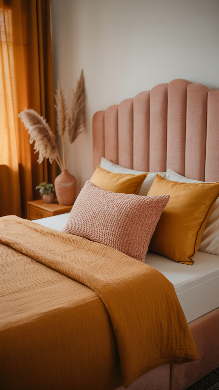 dusty pink upholstered headboard with mustard bedroom decor
