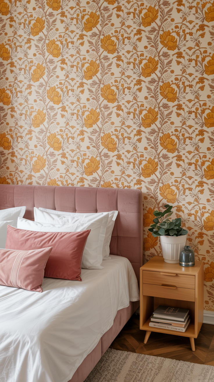 pink mustard yellow floral wallpaper in a bedroom