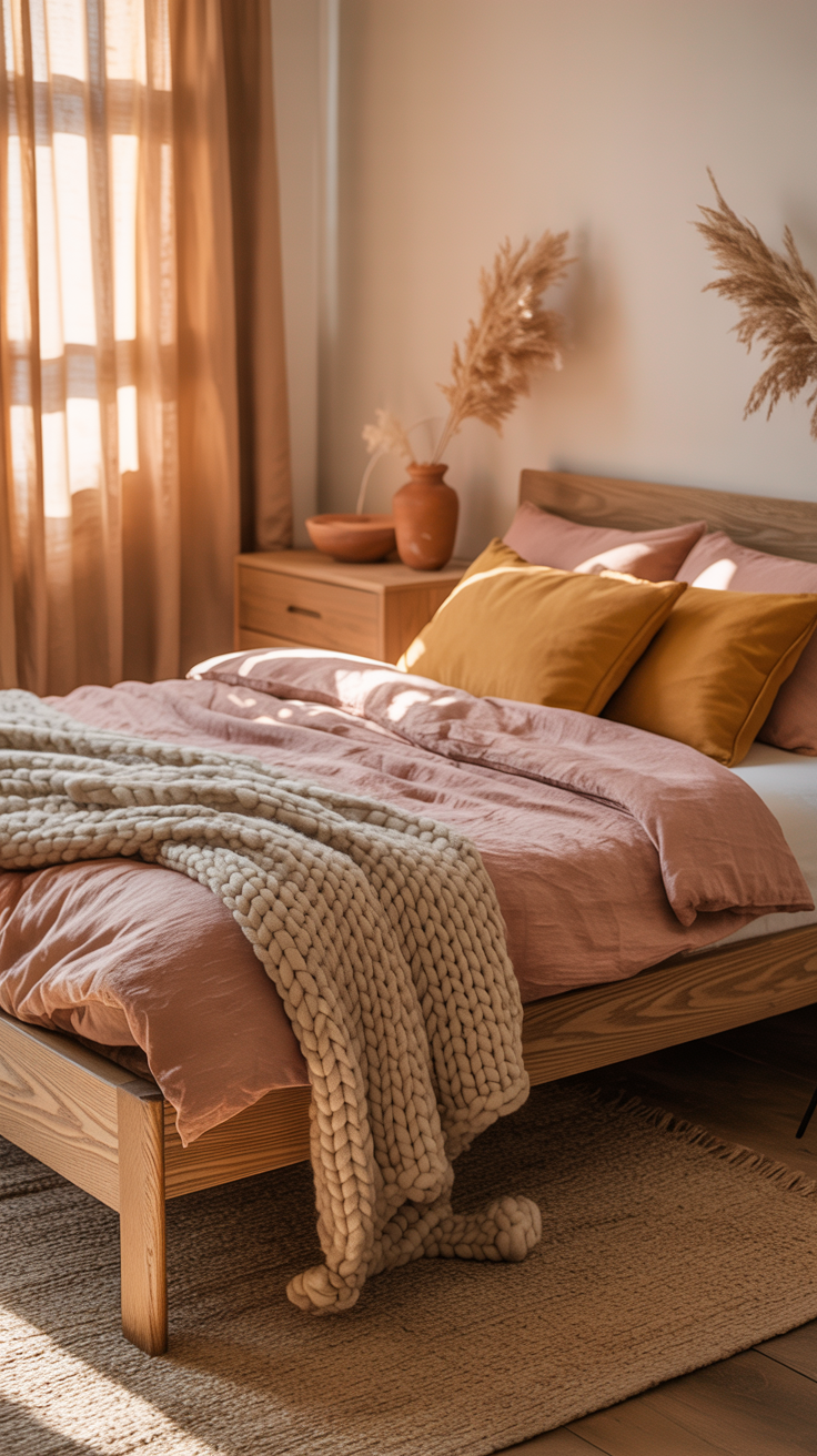 dusty pink and mustard bedroom with natural wood furniture