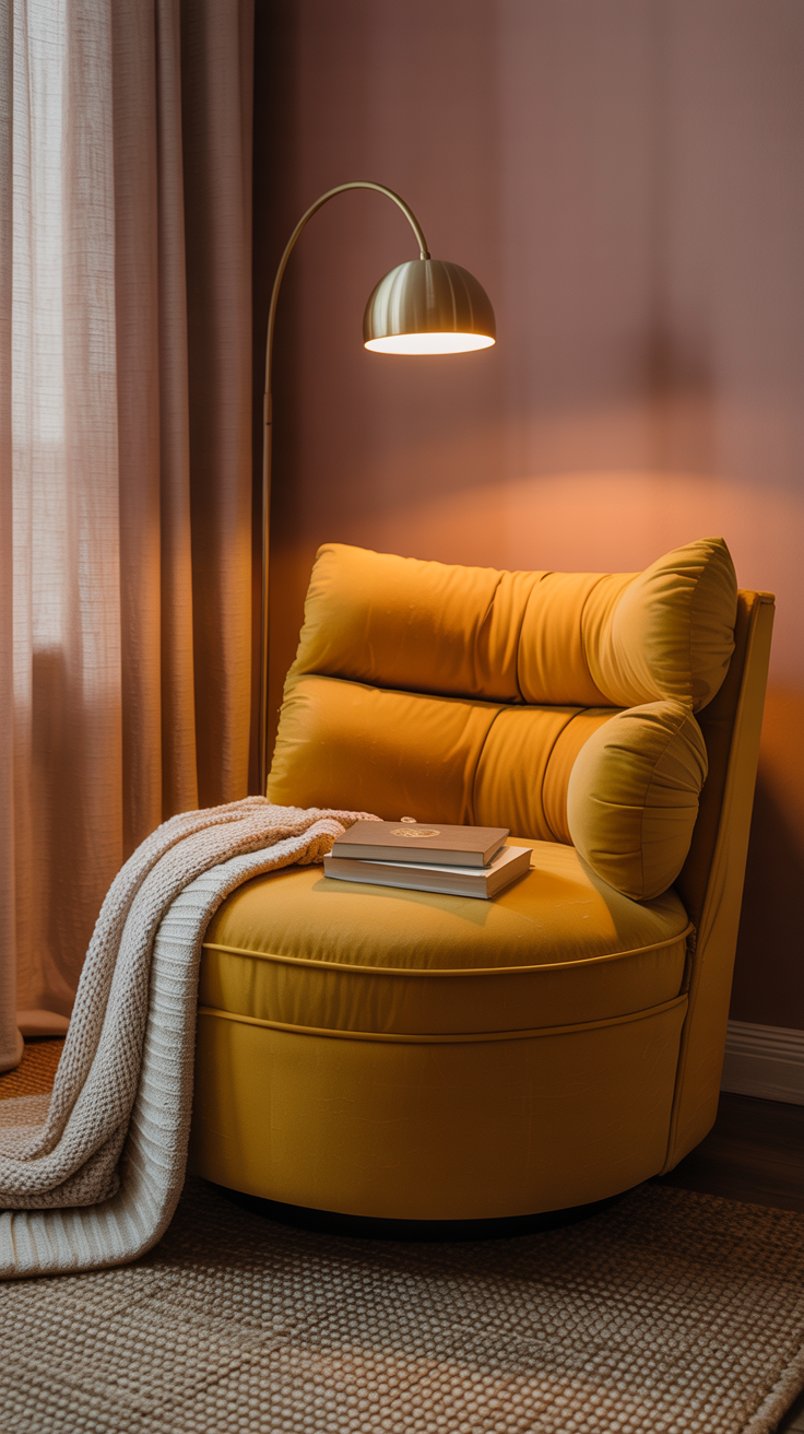 mustard yellow statement chair in a dusty pink bedroom corner