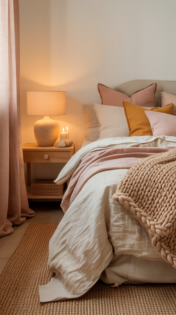 cream beige dusty pink and mustard yellow bedroom palette