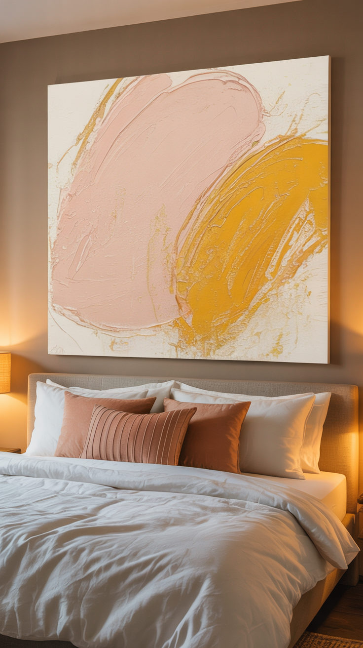 pink mustard yellow artwork above a bedroom bed